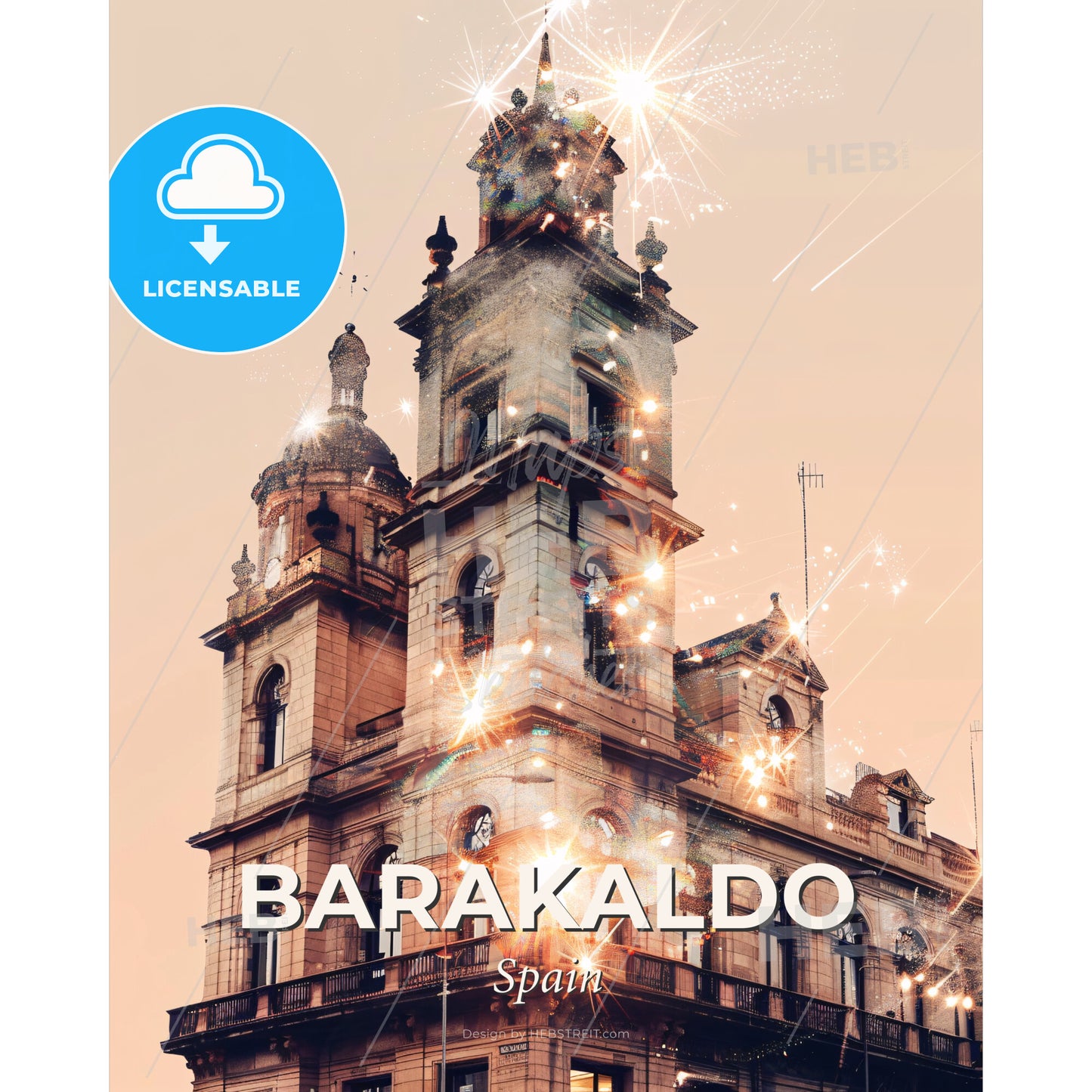 Barakaldo City Skyline Art with Local Icons - A building with fireworks in the sky - Square format print template