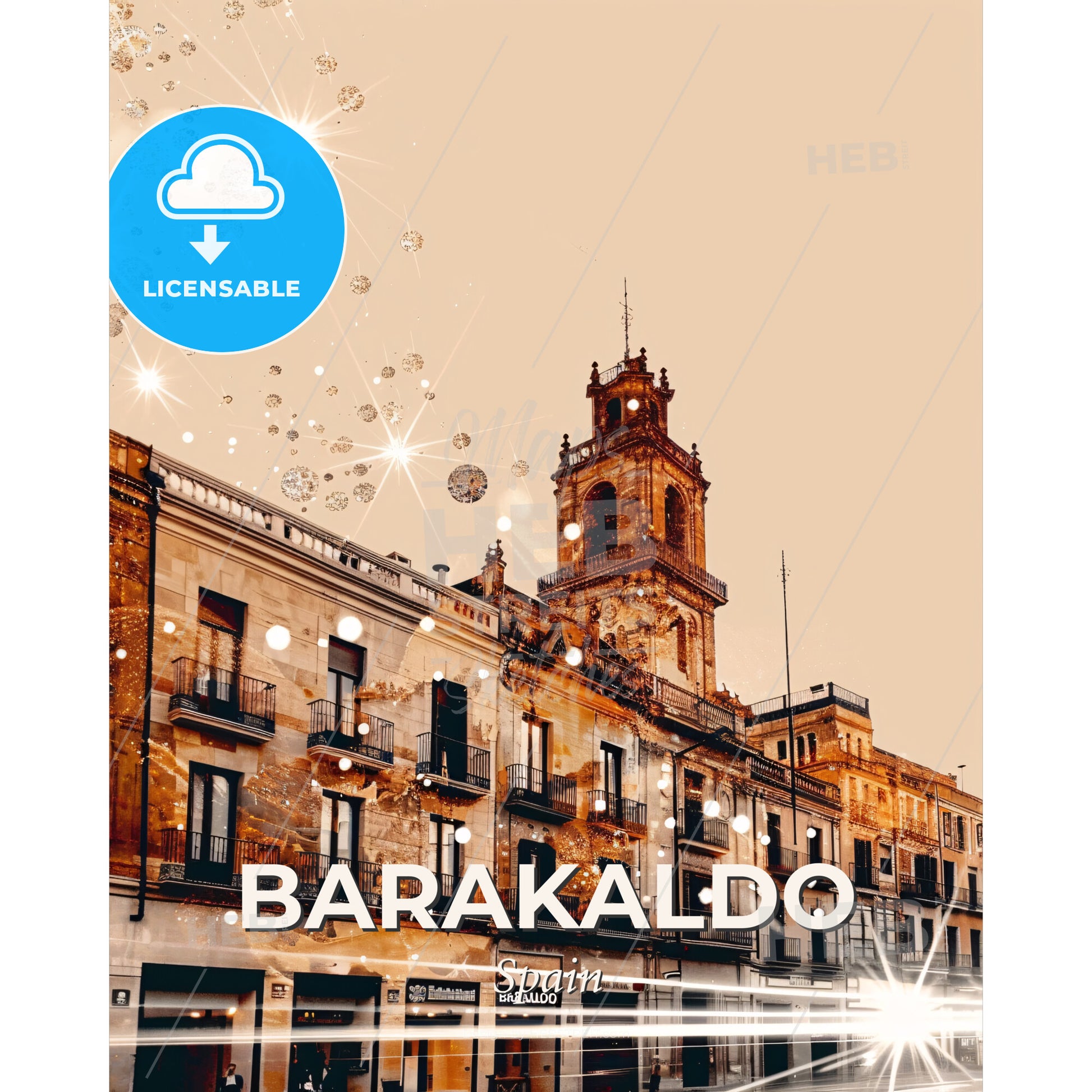 Barakaldo: City Skyline Night Lights Composite Art - A building with a tower and many sparkles - Square format print template