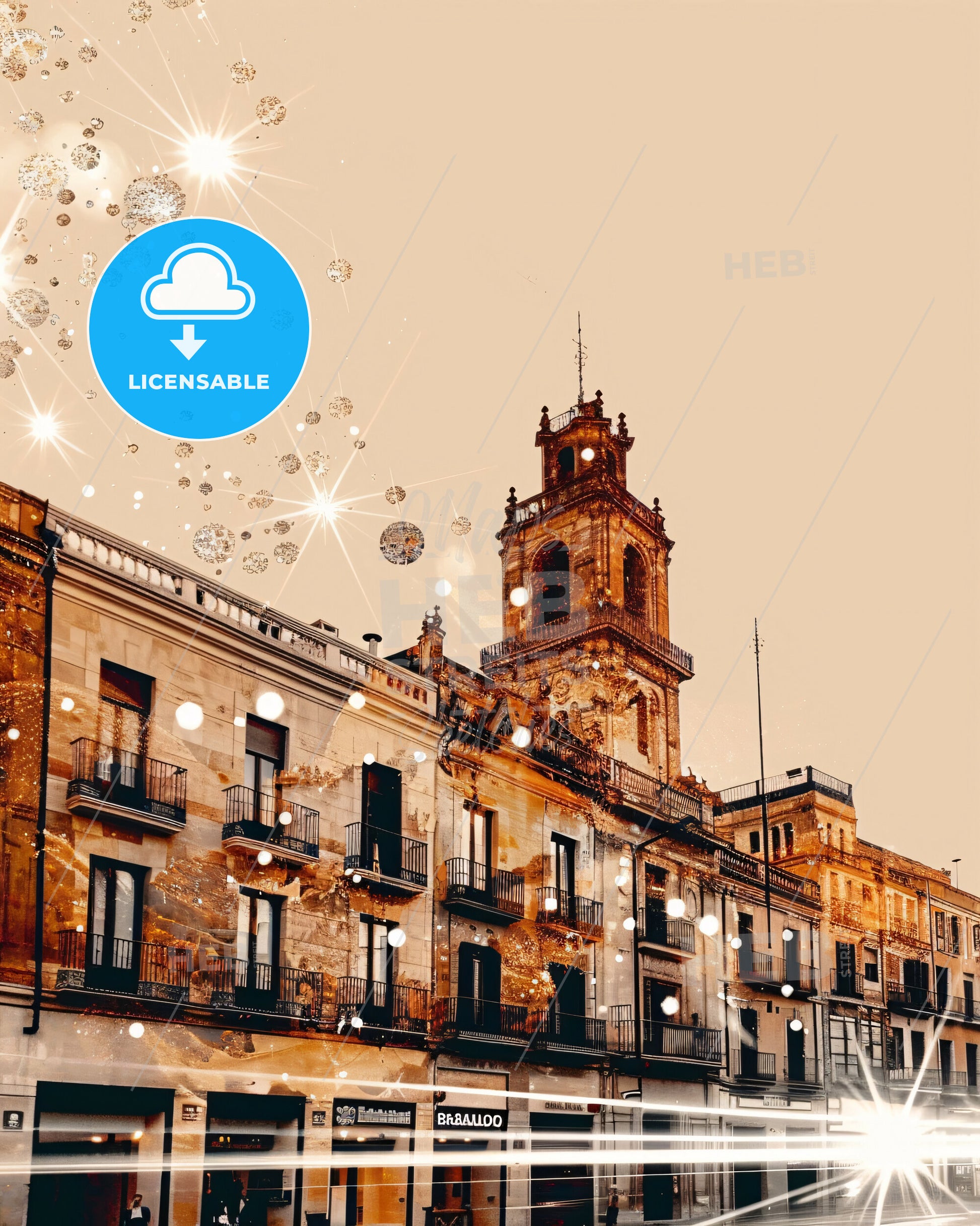 Barakaldo: City Skyline Night Lights Composite Art - A building with a tower and many sparkles