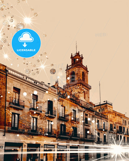 Barakaldo: City Skyline Night Lights Composite Art - A building with a tower and many sparkles