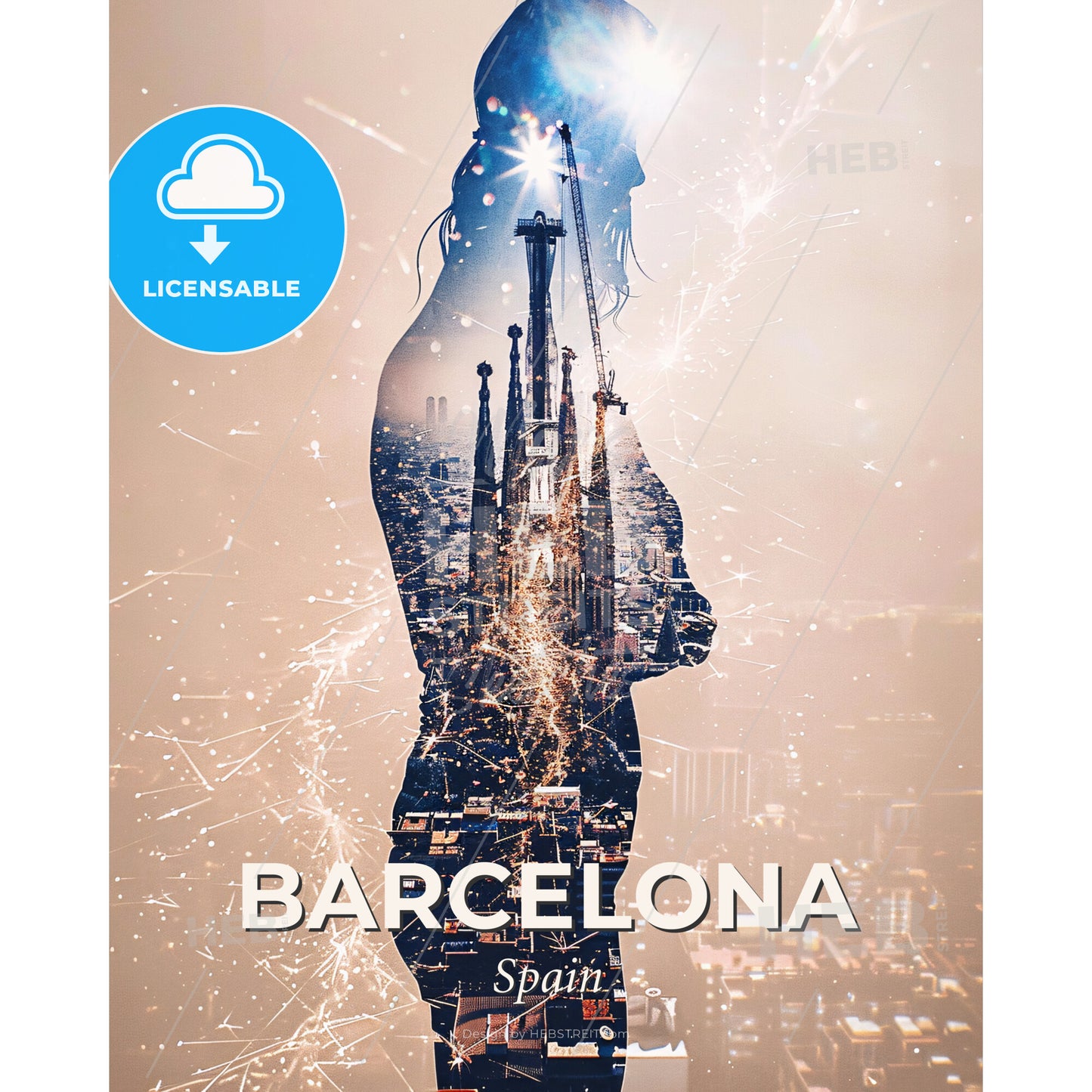 Barcelona Skyline Double Exposure Cityscape Poster - A double exposure of a woman and a city - Square format print template