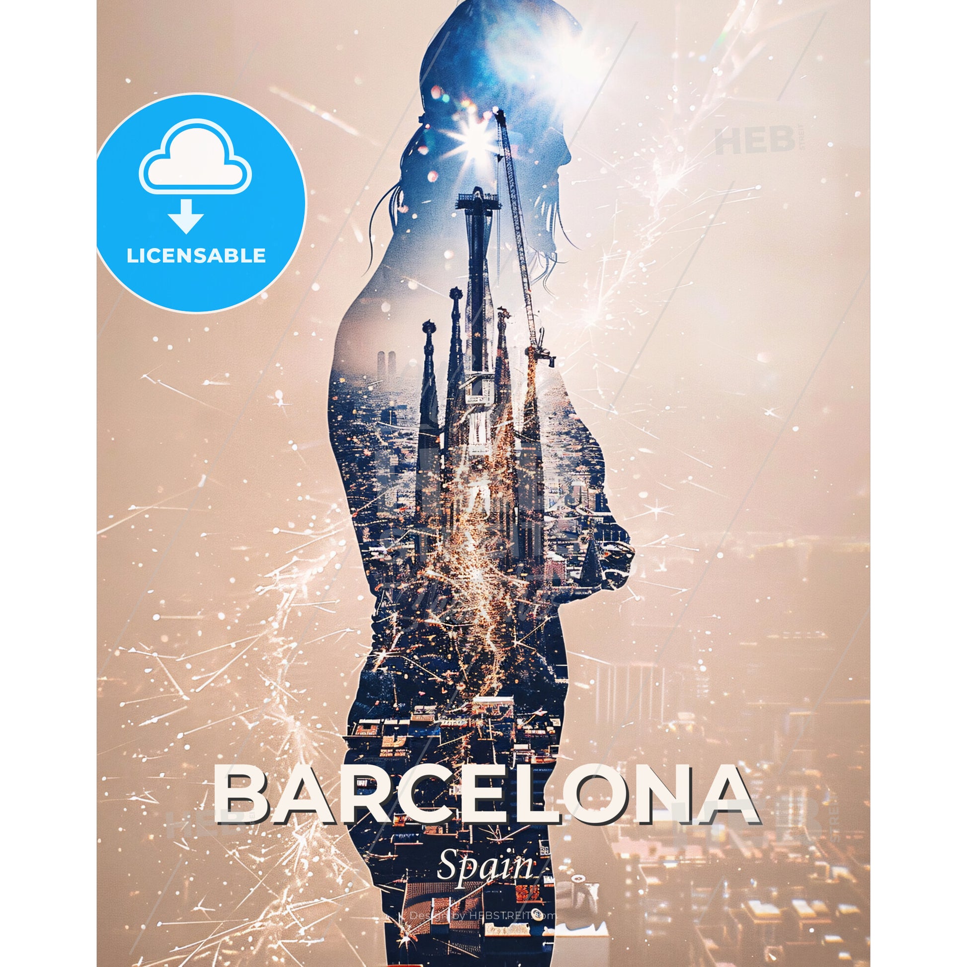 Barcelona Skyline Double Exposure Cityscape Poster - A double exposure of a woman and a city - Square format print template