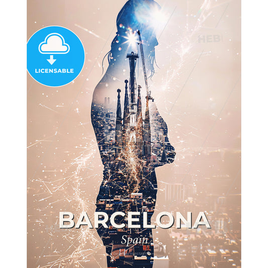 Barcelona Skyline Double Exposure Cityscape Poster - A double exposure of a woman and a city - Square format print template