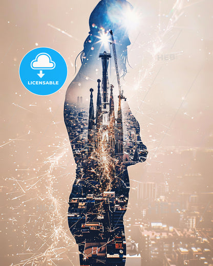 Barcelona Skyline Double Exposure Cityscape Poster - A double exposure of a woman and a city