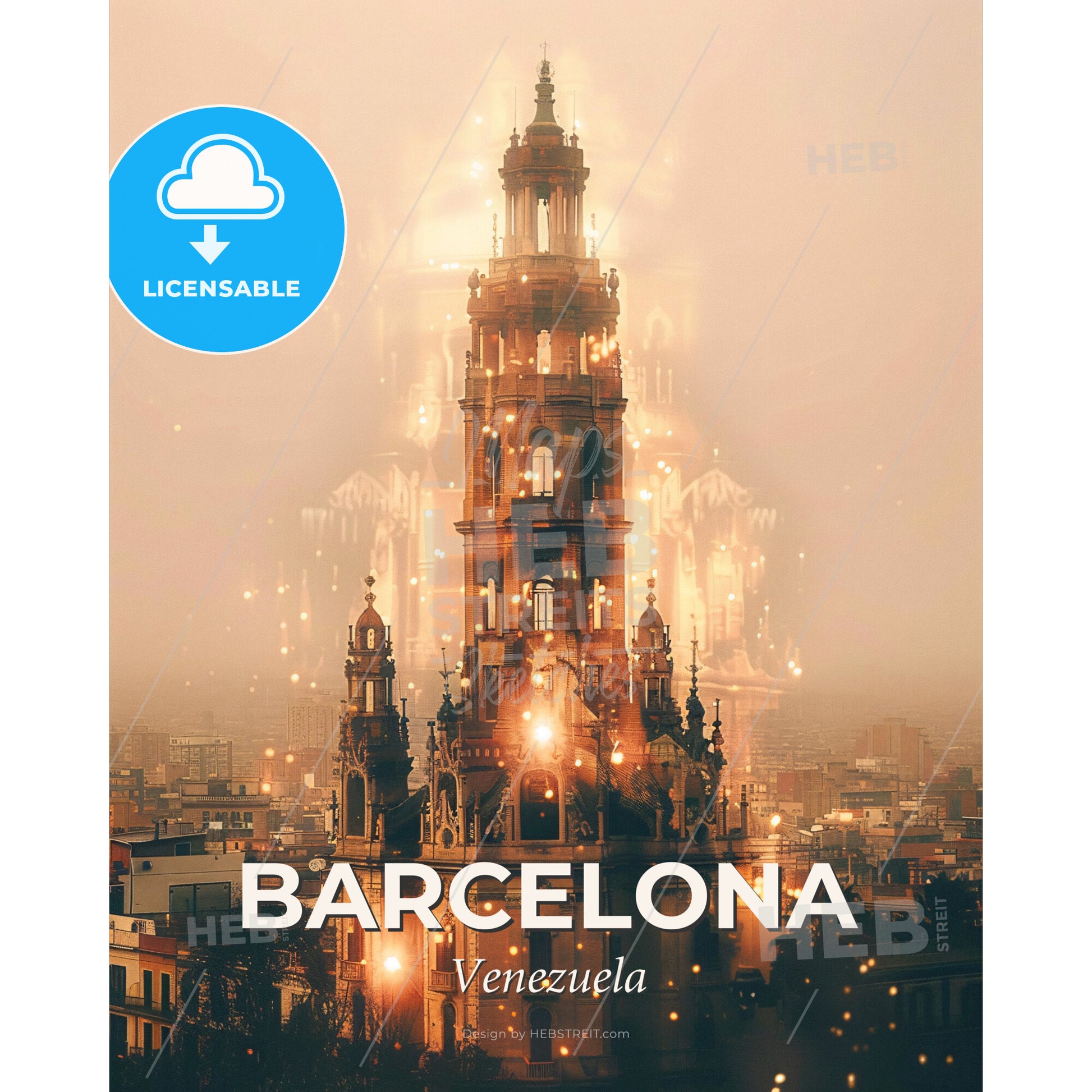 Barcelona, Venezuela: City Dreamscape Panorama - A large building with a tower and a city in the background - Square format print template