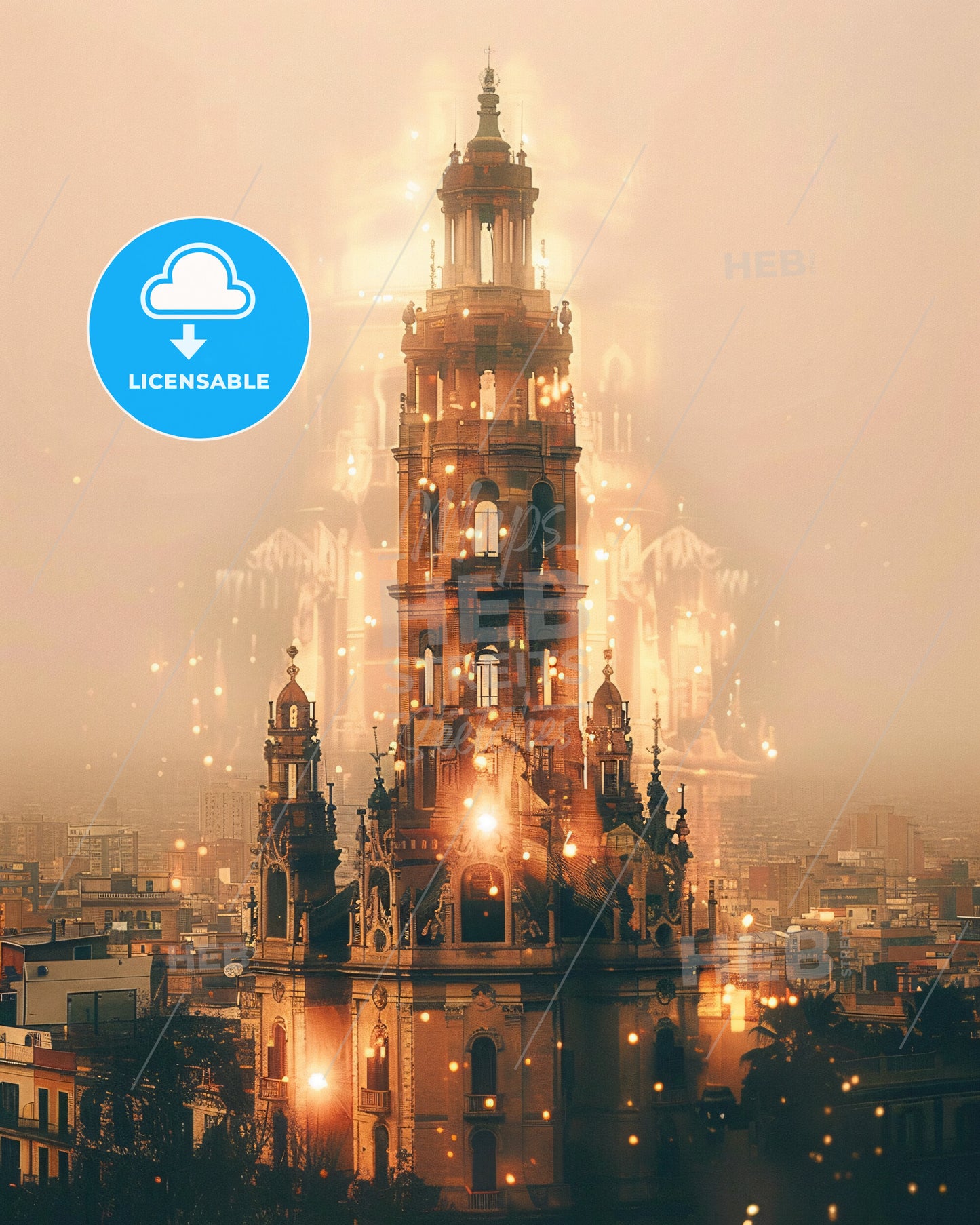 Barcelona, Venezuela: City Dreamscape Panorama - A large building with a tower and a city in the background