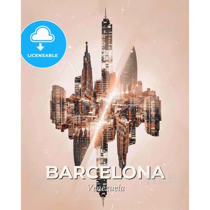Barcelona, Venezuela: City Skyline Art in Double Exposure - A city in the sky - Square format print template