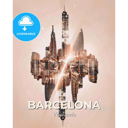 Barcelona, Venezuela: City Skyline Art in Double Exposure - A city in the sky - Square format print template