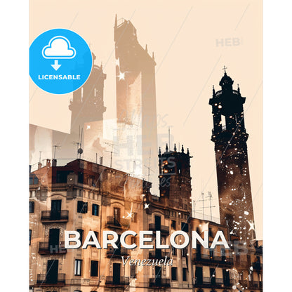 Barcelona Skyline Double Exposure Art Poster - A city with tall towers - Square format print template