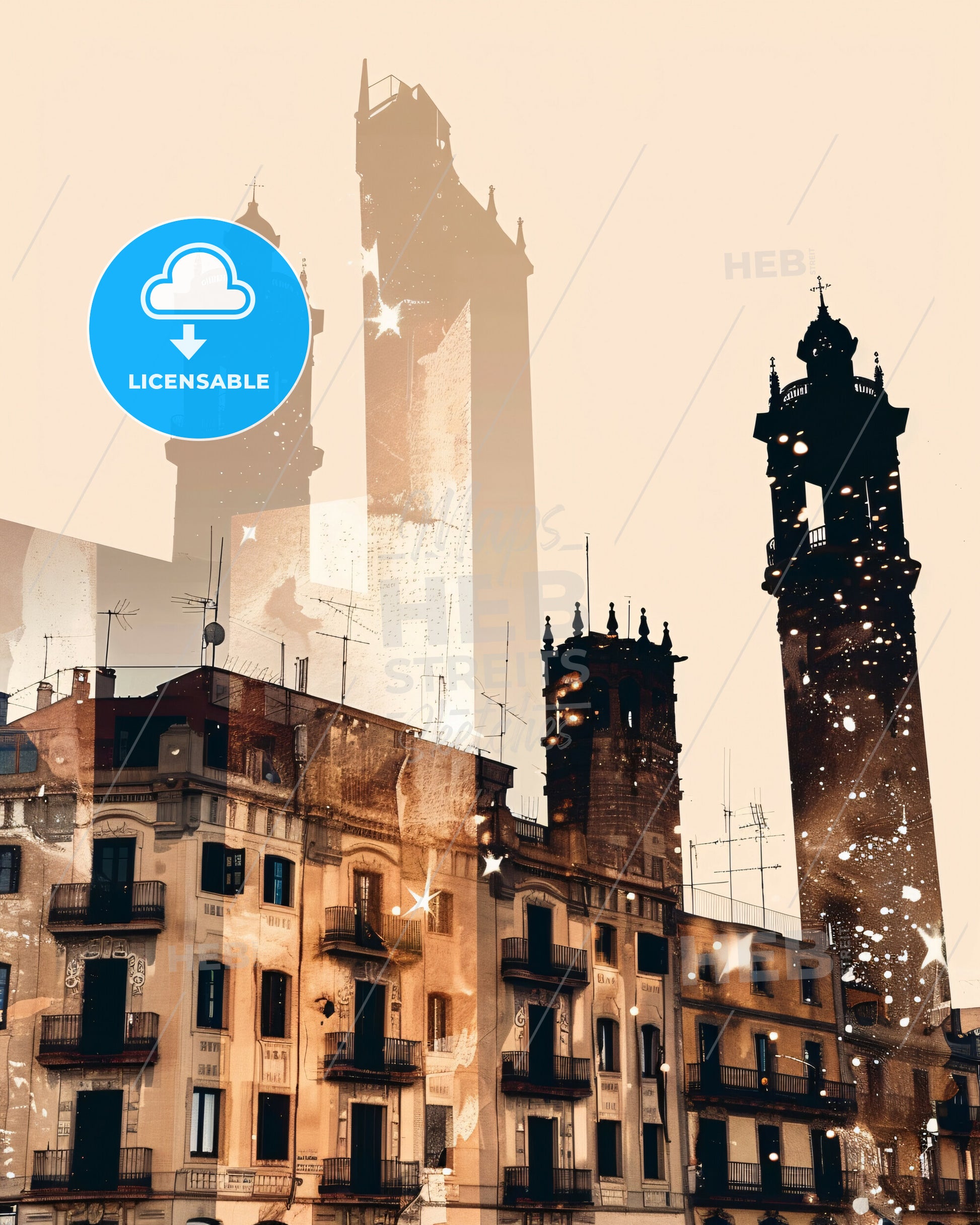 Barcelona Skyline Double Exposure Art Poster - A city with tall towers
