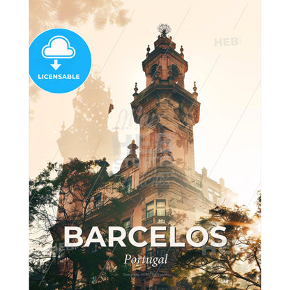 Barcelos Skyline Art Print: Local Icons and Sparkles - A building with a tower and trees - Square format print template