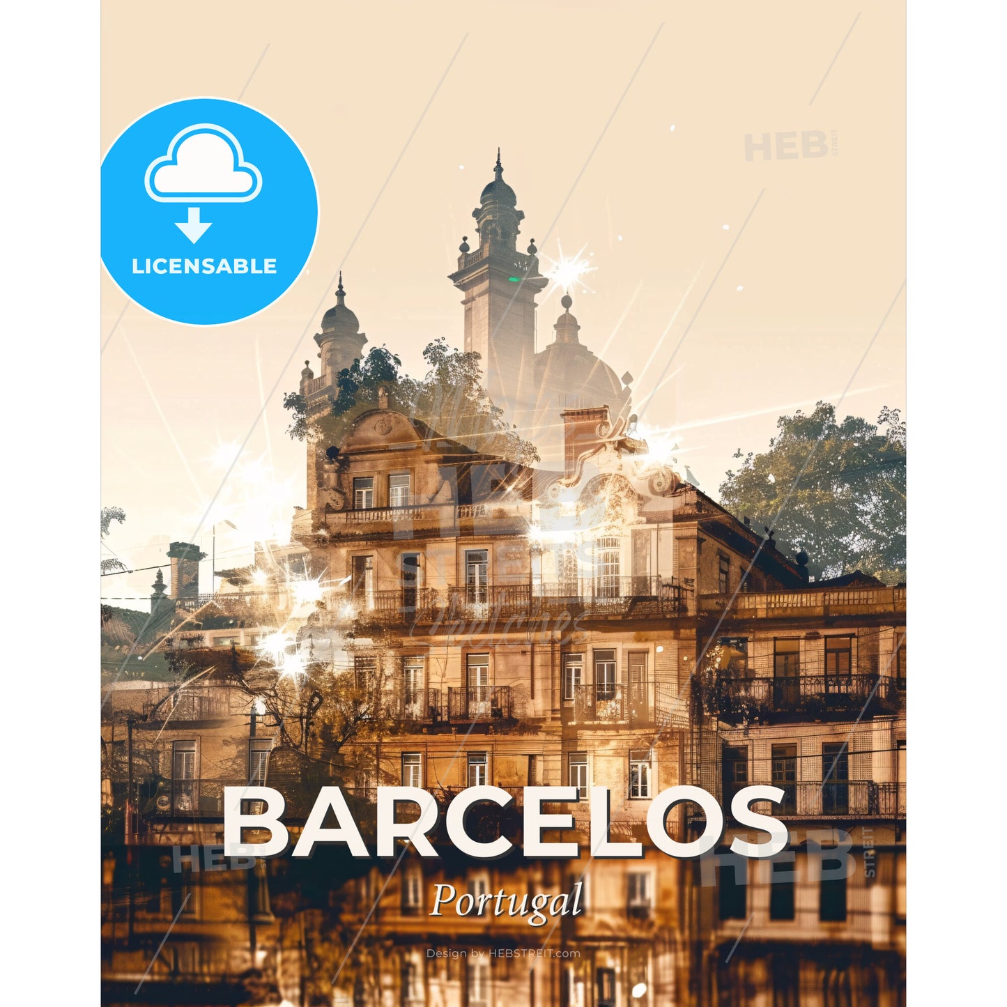 Barcelos Skylines Iconic Double Exposure - A building with trees and lights - Square format print template