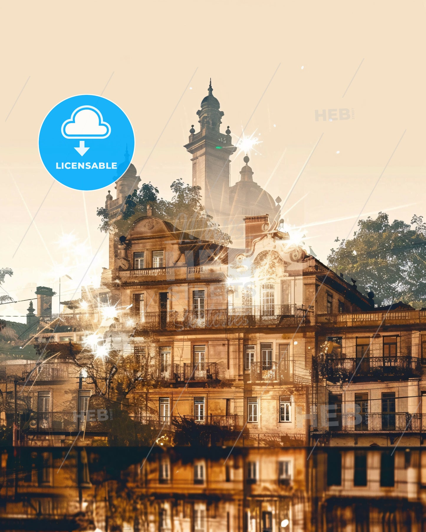 Barcelos Skylines Iconic Double Exposure - A building with trees and lights