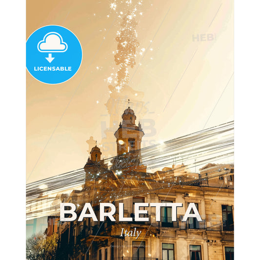 Barletta: Double Exposure Skyline Symphony - A building with a tower and power lines - Square format print template