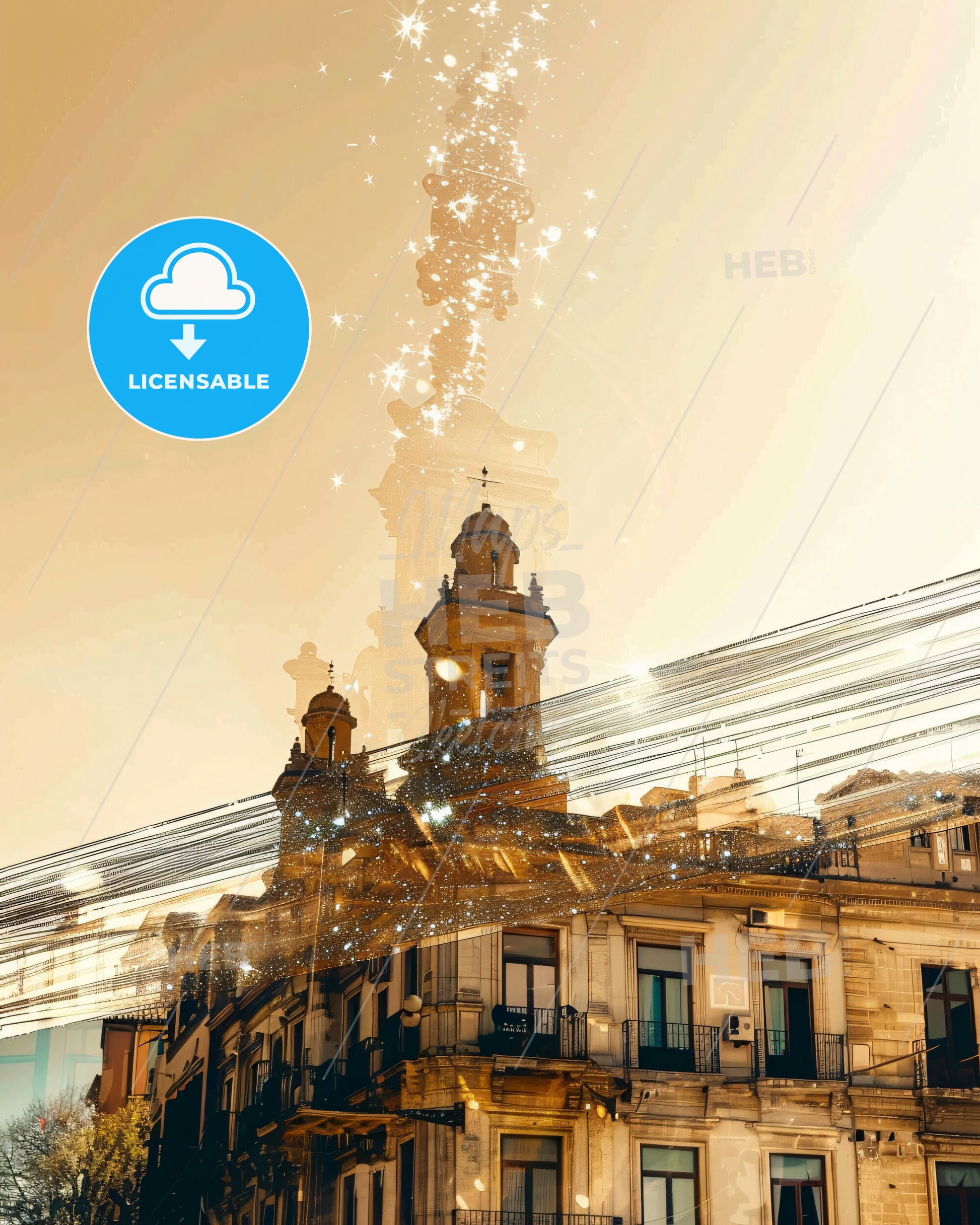 Barletta: Double Exposure Skyline Symphony - A building with a tower and power lines