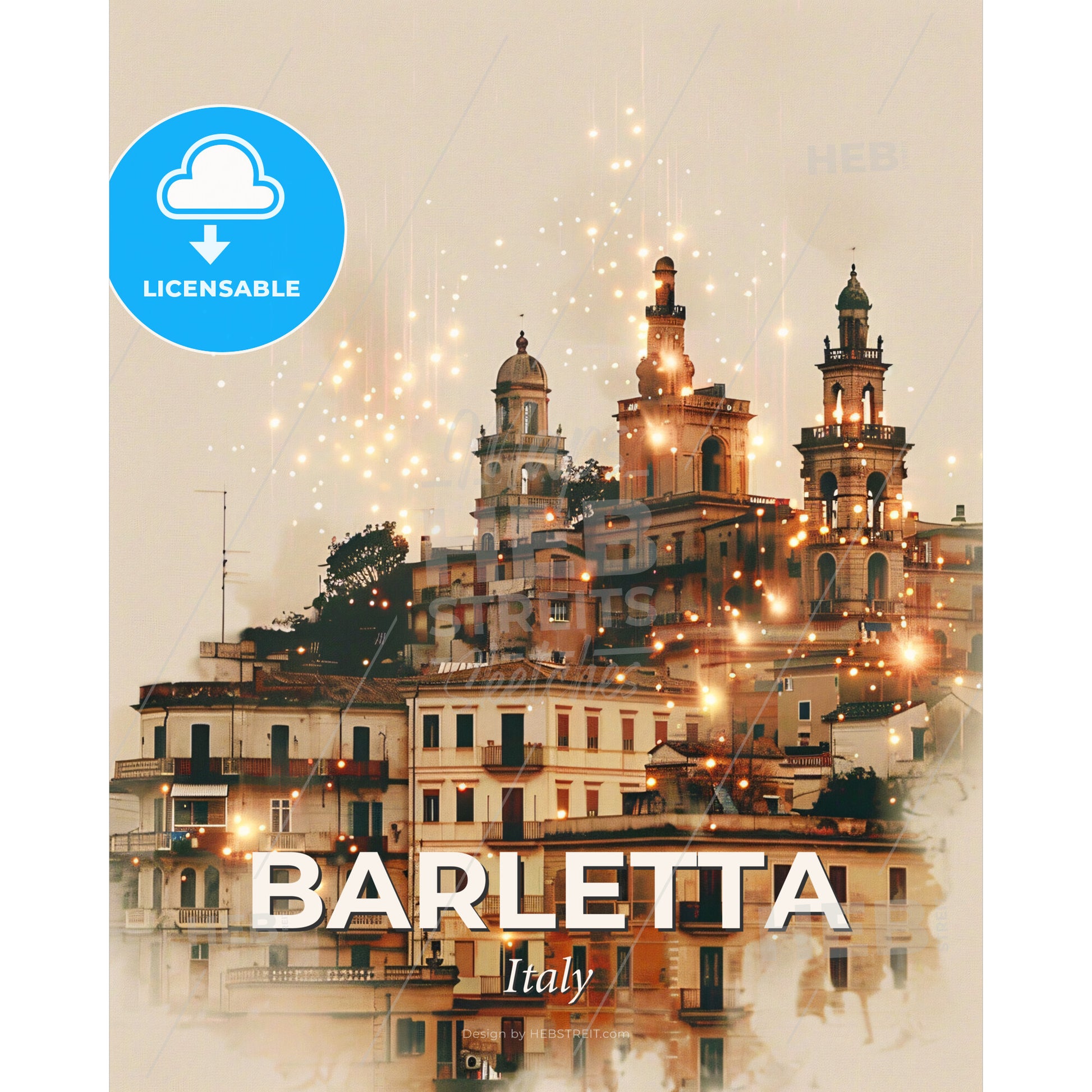 Barletta Skyline Composite Art Poster - A group of buildings with lights - Square format print template