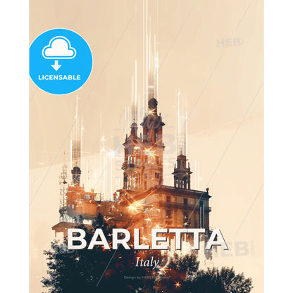 Barletta Skyline: Double Exposure Composite Art - A building with many towers and lights - Square format print template