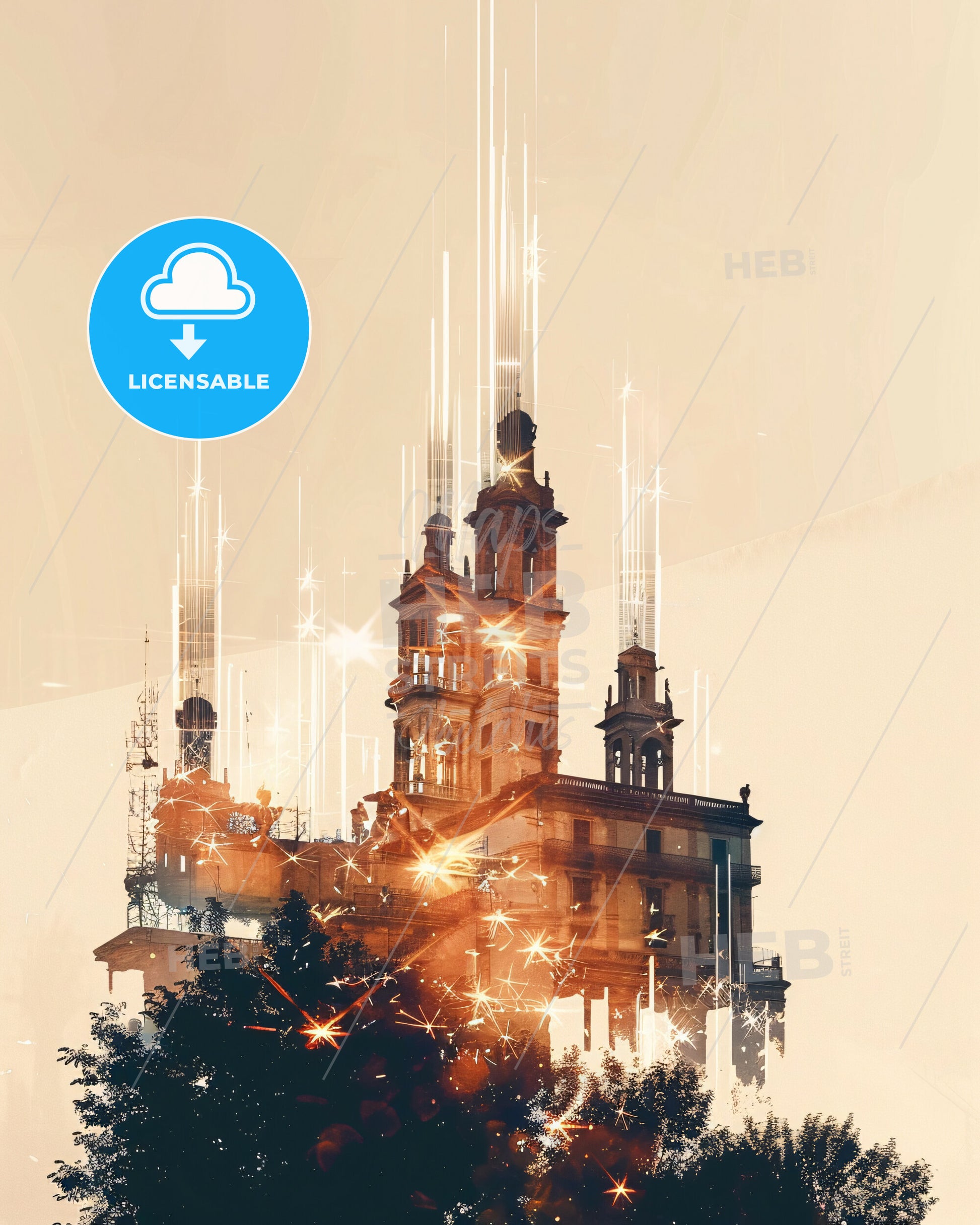 Barletta Skyline: Double Exposure Composite Art - A building with many towers and lights