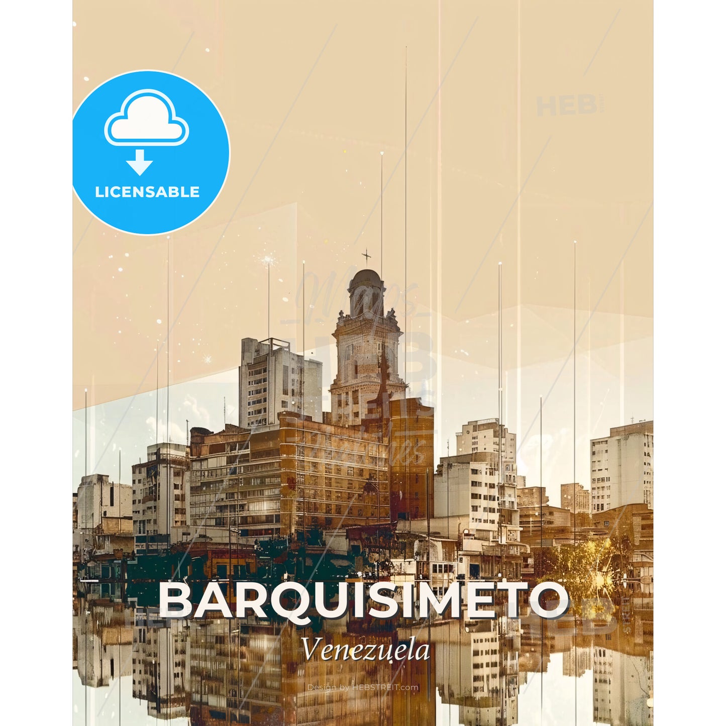 Barquisimeto Skyline Composite Art Poster Design - A city with many buildings and a reflection of the water - Square format print template