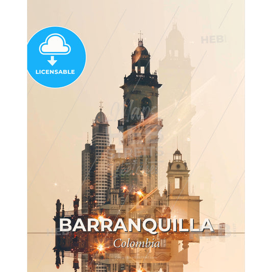 Barranquilla City Skyline Retro Art - A city skyline with a tower and towers - Square format print template