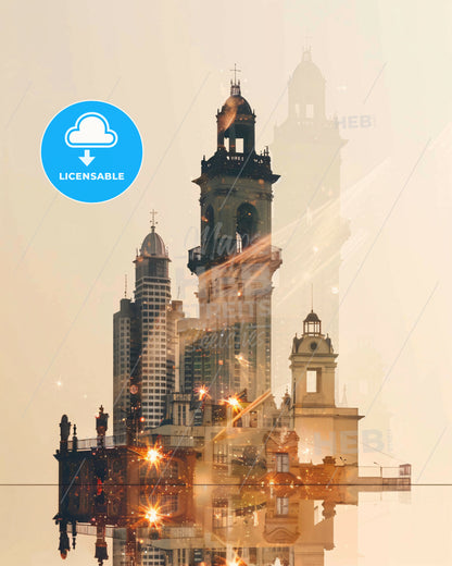 Barranquilla City Skyline Retro Art - A city skyline with a tower and towers