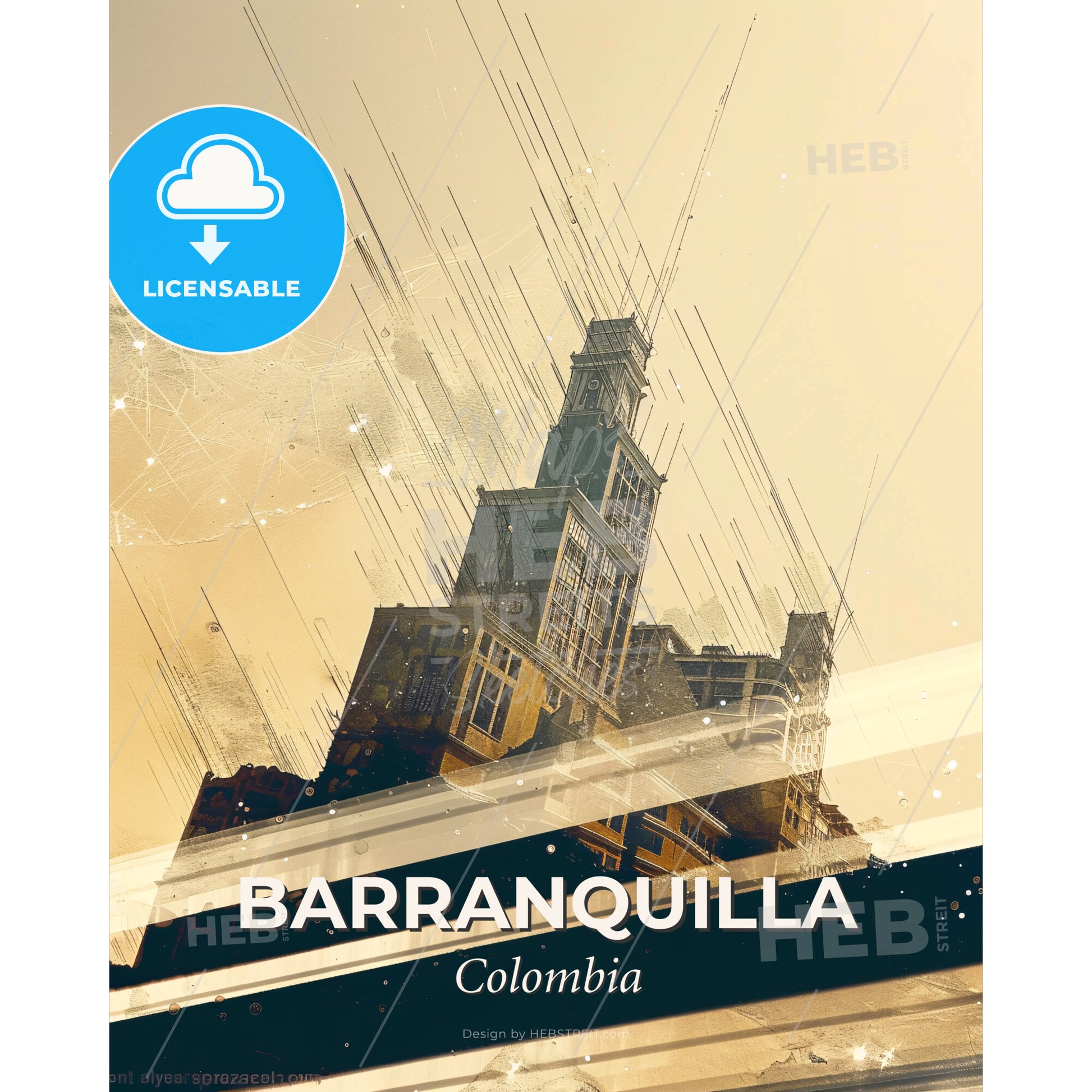 Barranquilla Skyline Art Print with Local Icons - A building with a tall tower - Square format print template
