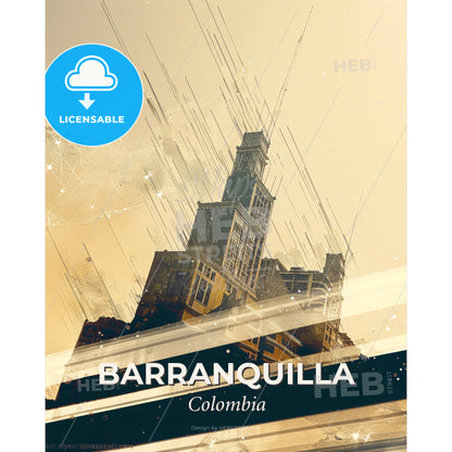 Barranquilla Skyline Art Print with Local Icons - A building with a tall tower - Square format print template