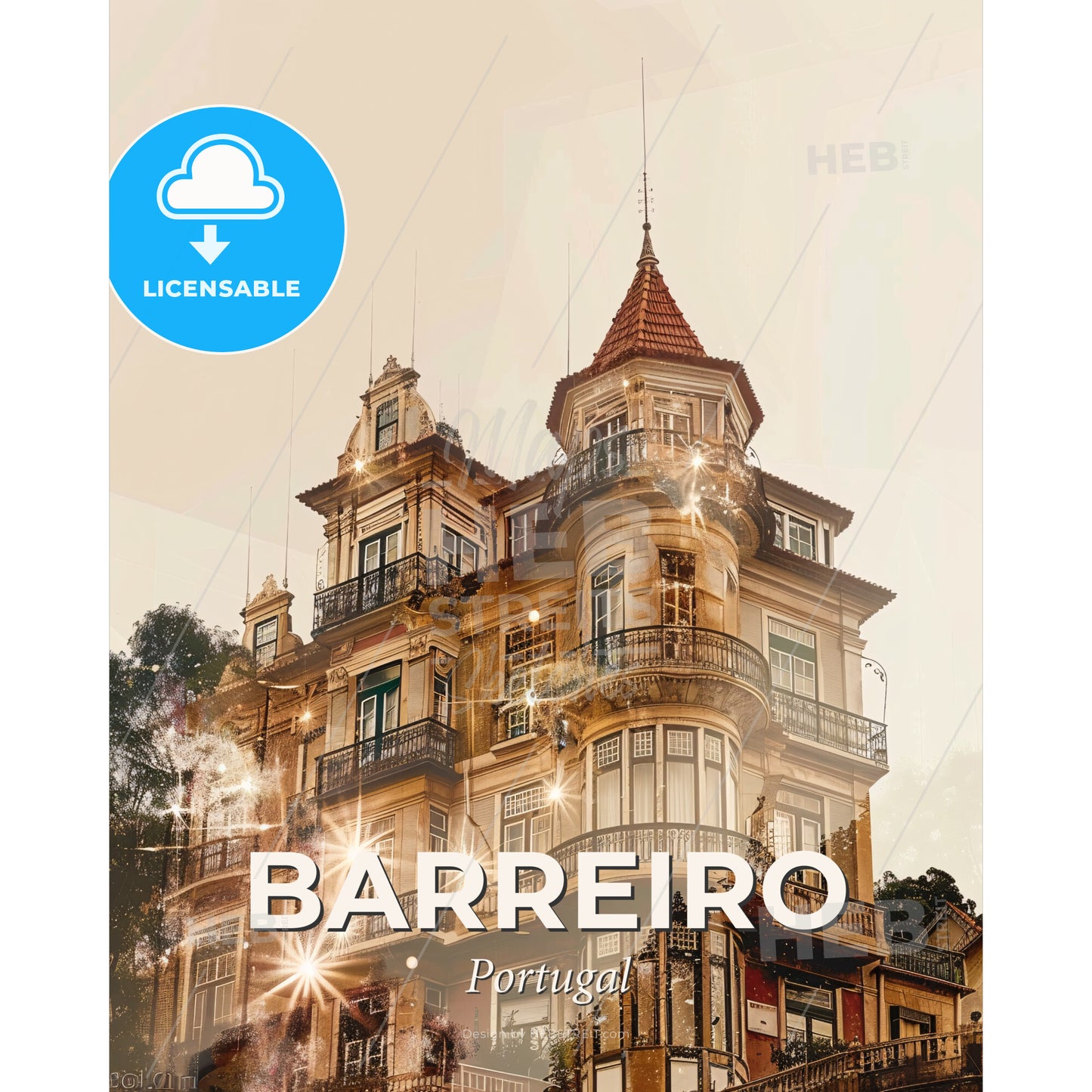 Barreiro Skyline Art: Double Exposure Cityscape Charm - A building with many windows - Square format print template