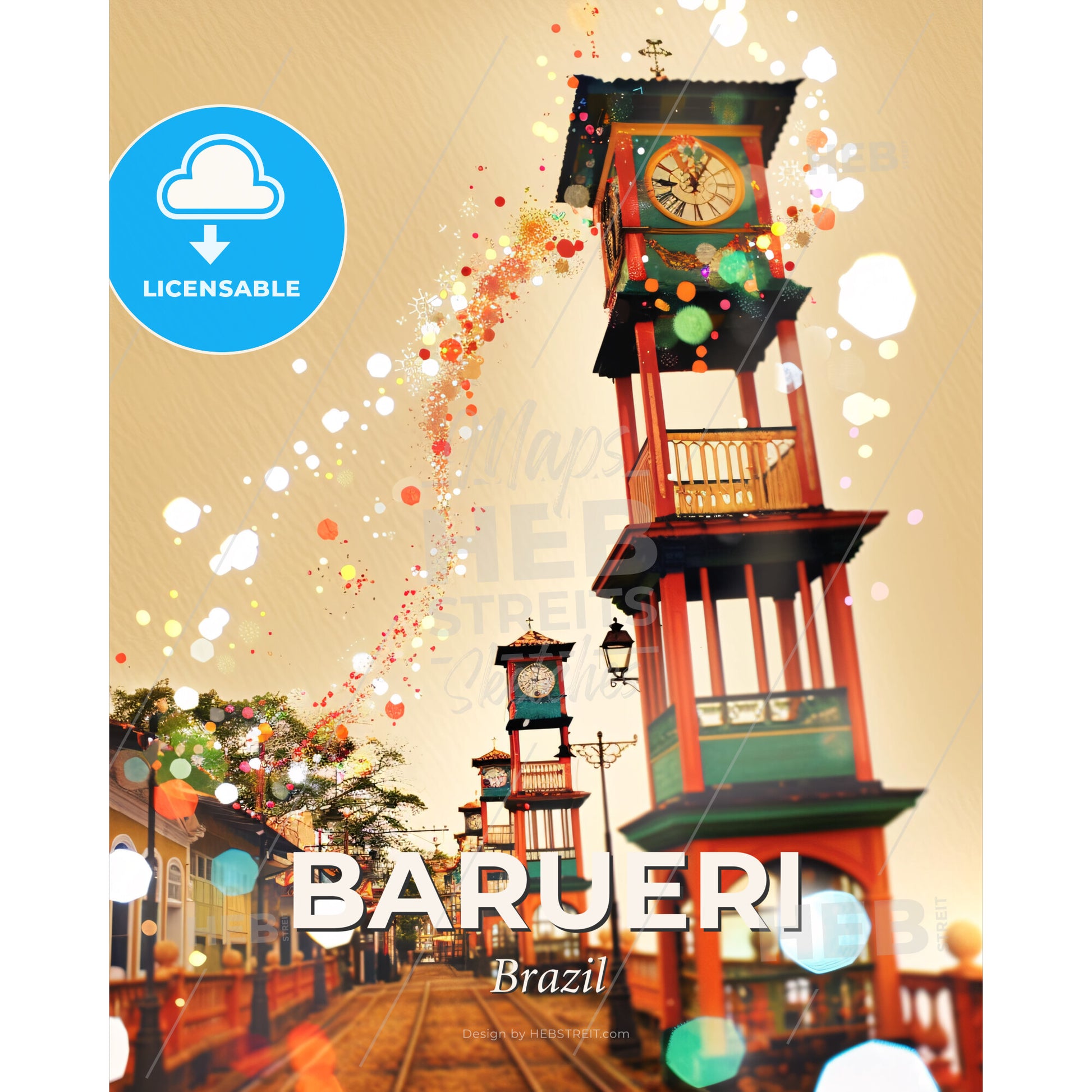 Barueri Skyline City Glow Iconic Artwork - A clock tower with a balcony and a balcony - Square format print template