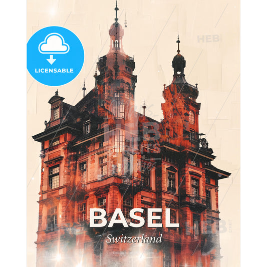 Basel City Skyline Iconic Double Exposure Poster - A building with towers and spires - Square format print template