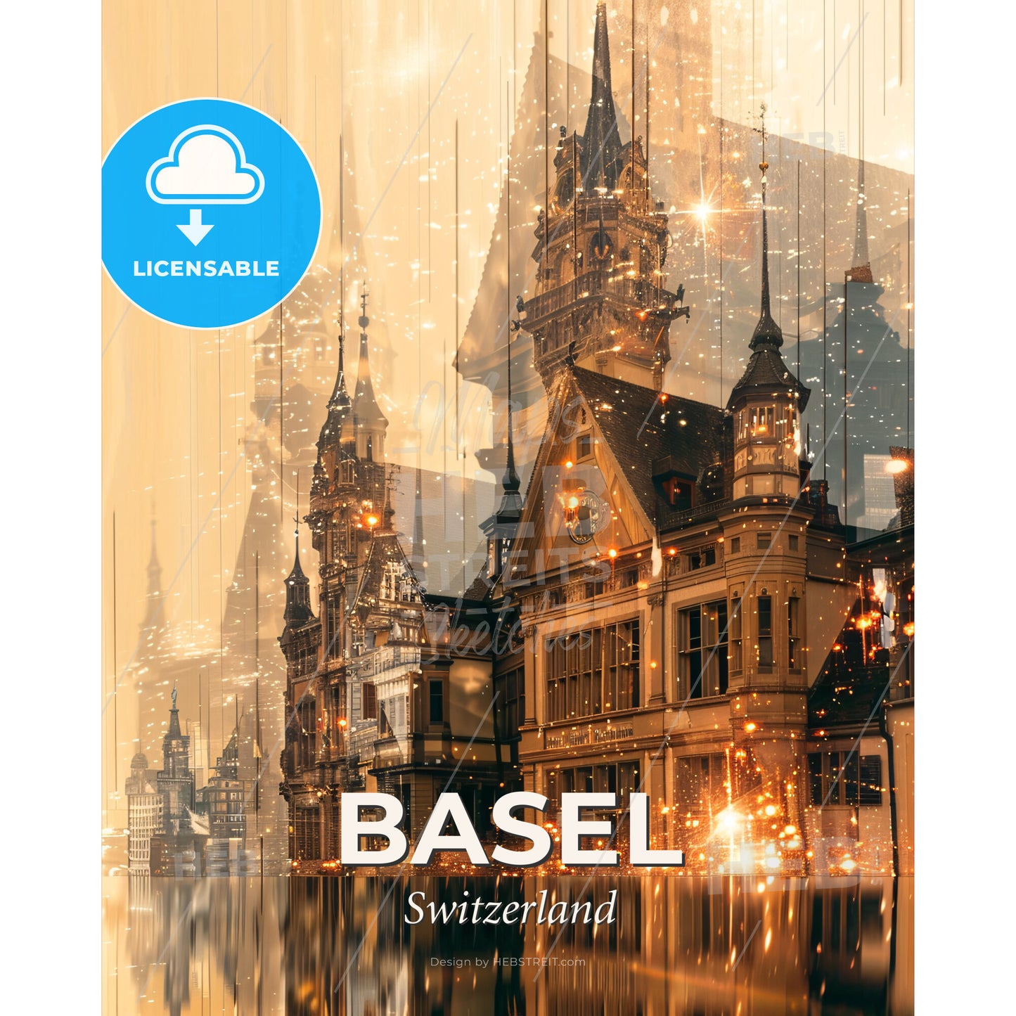 Basel: City Skyline Art in Double Exposure - A building with towers and lights - Square format print template