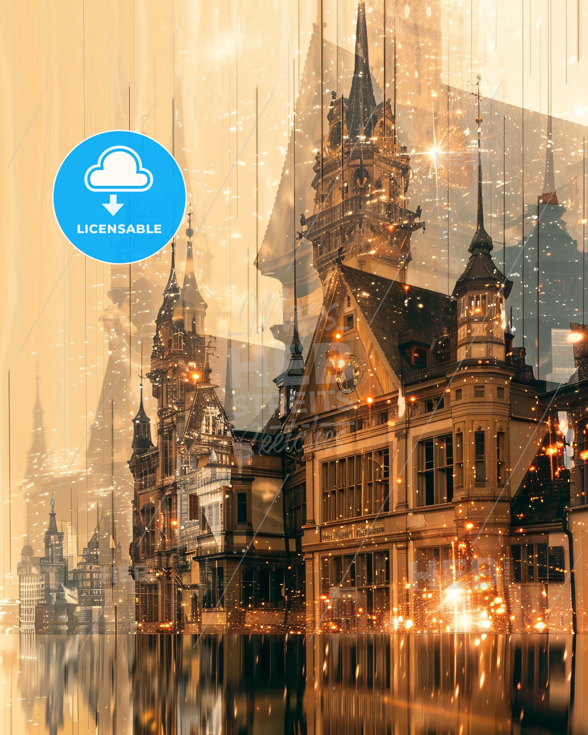 Basel: City Skyline Art in Double Exposure - A building with towers and lights