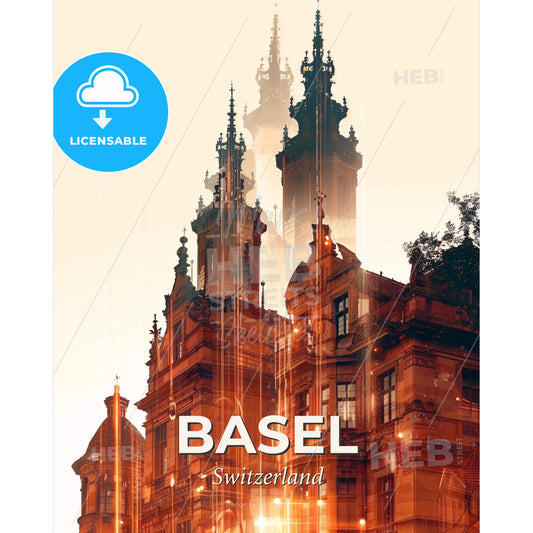 Basel City Skyline Art Deco Poster - A building with towers and trees - Square format print template