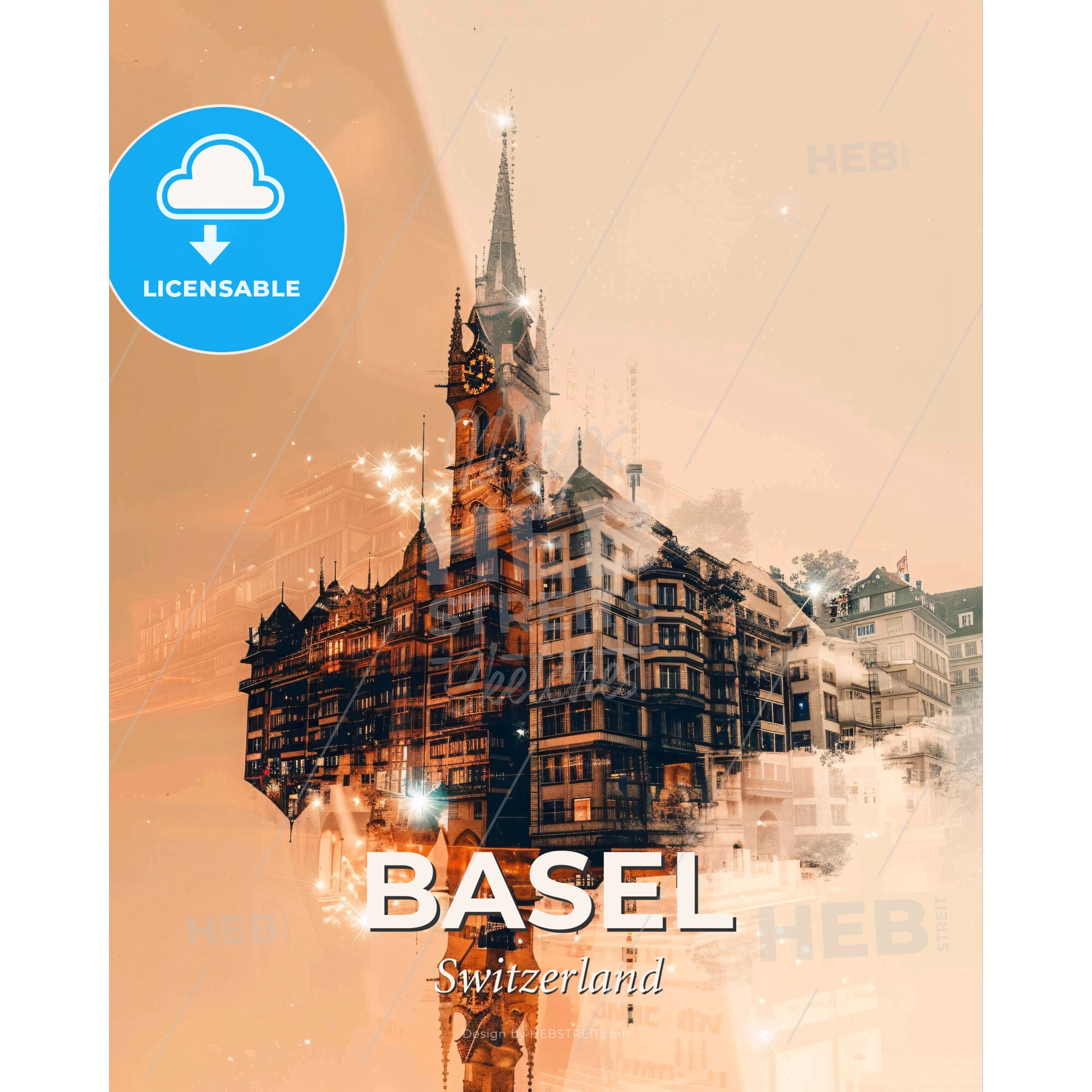 Basel: Double Exposure Dreamy Skyline Art - A double exposure of a building - Square format print template