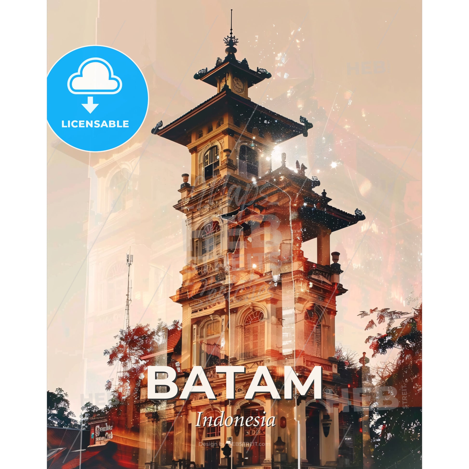 Batam Indonesia Skyline Bright Beige Poster - A building with a tower - Square format print template