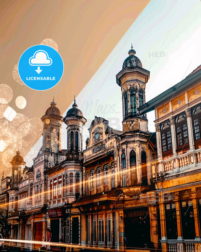 Batam Skyline Double Exposure Art Poster - A building with many towers and a street with lights