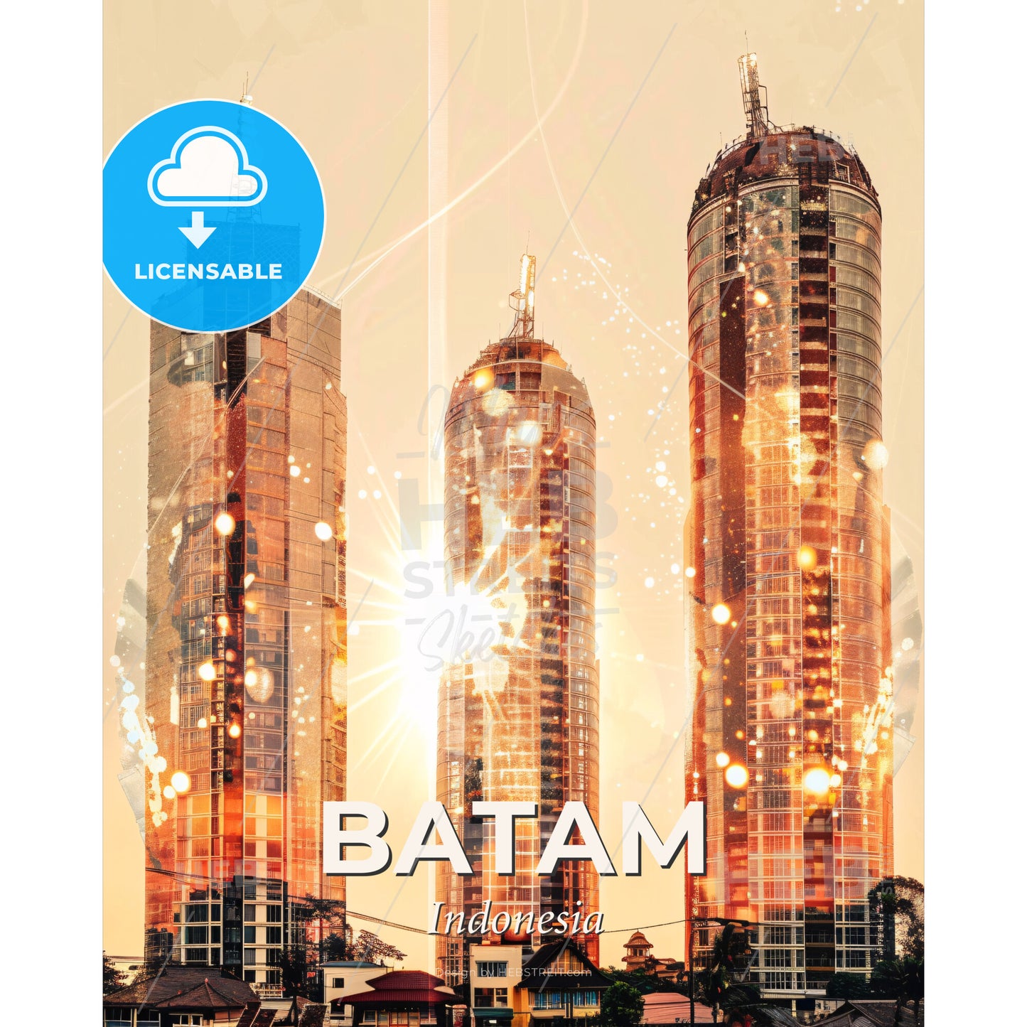 Batam Skyline Minimalist Composite Poster Art - A group of tall buildings with lights - Square format print template