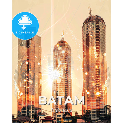 Batam Skyline Minimalist Composite Poster Art - A group of tall buildings with lights - Square format print template