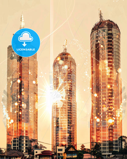 Batam Skyline Minimalist Composite Poster Art - A group of tall buildings with lights