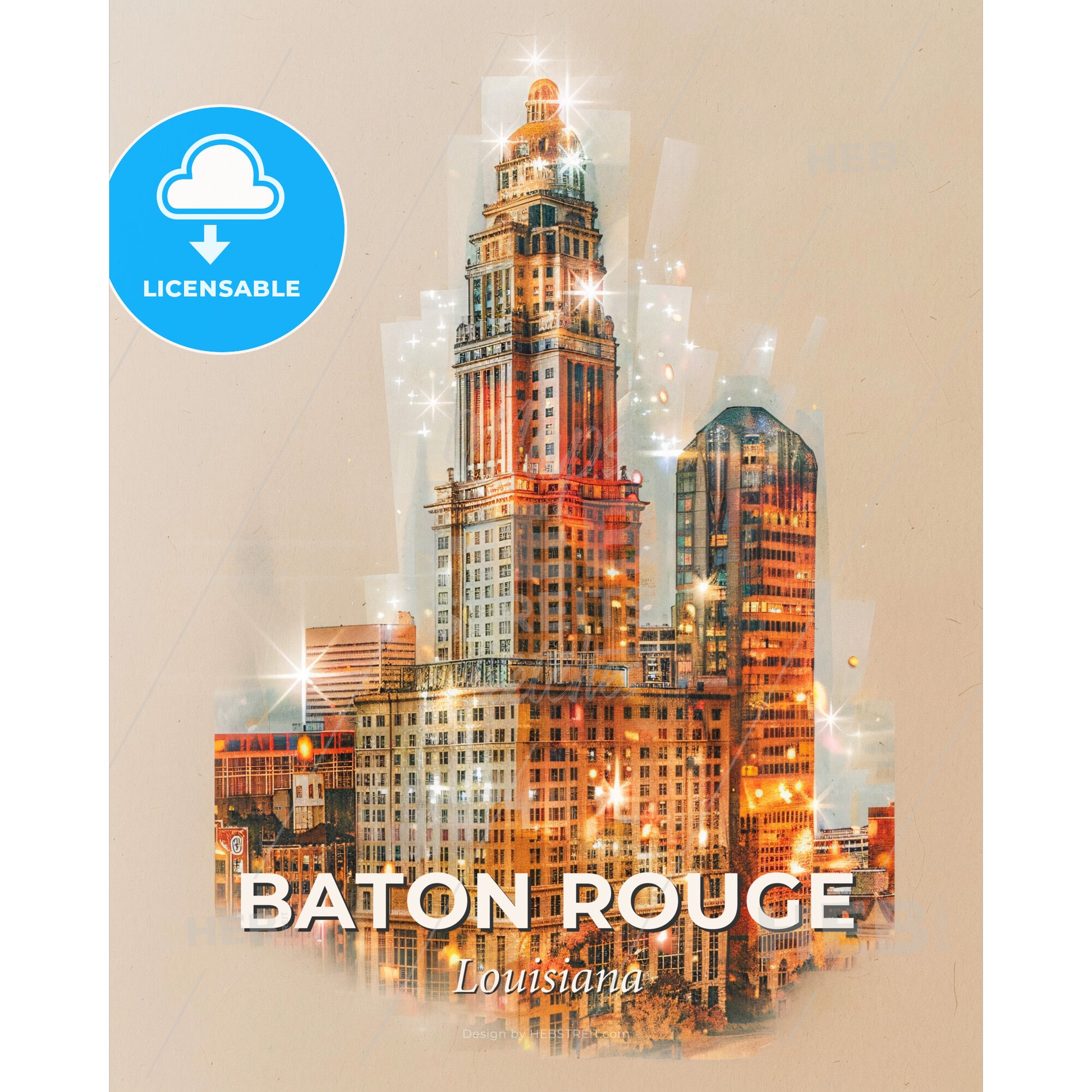 Baton Rouge Skyline Composite Art: Beige Paper Sparkle - A city skyline with many tall buildings - Square format print template