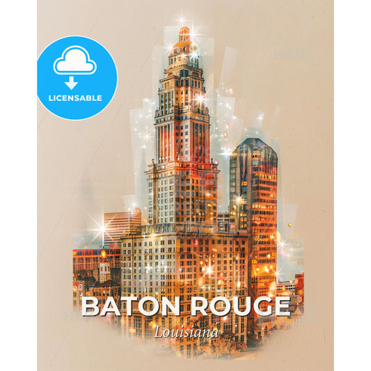Baton Rouge Skyline Composite Art: Beige Paper Sparkle - A city skyline with many tall buildings - Square format print template