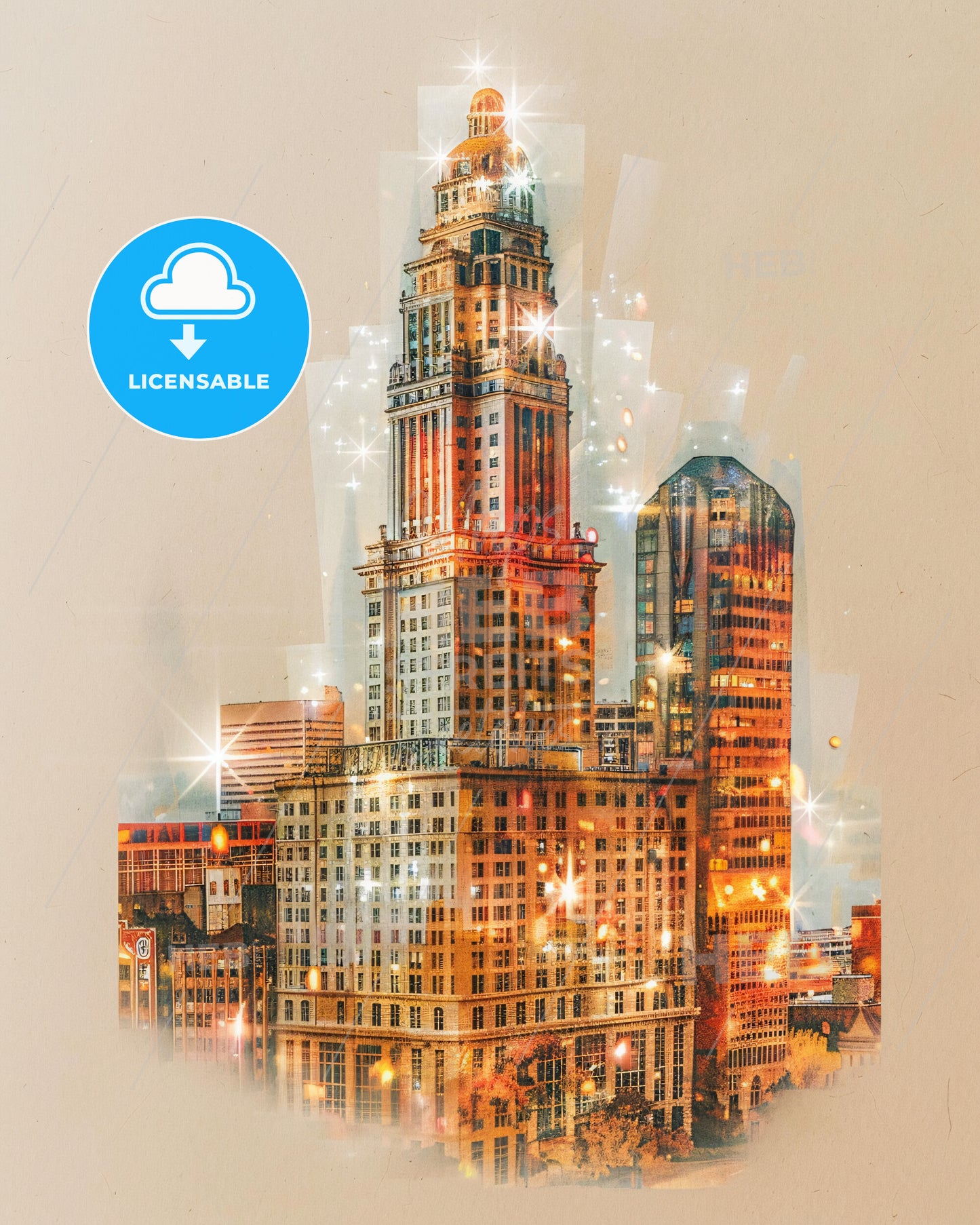 Baton Rouge Skyline Composite Art: Beige Paper Sparkle - A city skyline with many tall buildings