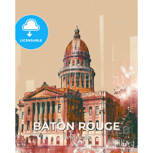 Baton Rouge City Skyline Double Exposure Poster - A large building with a dome - Square format print template