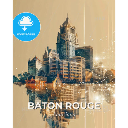 Baton Rouge Skyline City Lights Sparkles Poster - A city with many buildings and a reflection of it - Square format print template