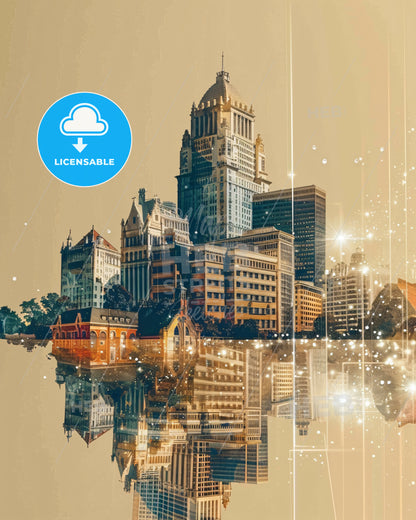 Baton Rouge Skyline City Lights Sparkles Poster - A city with many buildings and a reflection of it