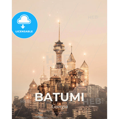 Batumi Skyline Double Exposure Composite City Art - A city with many buildings - Square format print template
