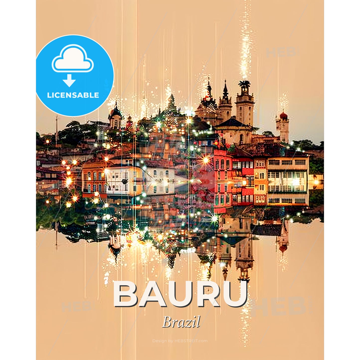 Bauru City Skyline Modern Architecture Art Poster - A city with buildings and lights reflected in water - Square format print template