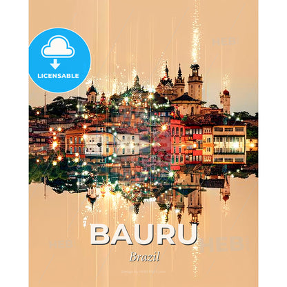 Bauru City Skyline Modern Architecture Art Poster - A city with buildings and lights reflected in water - Square format print template