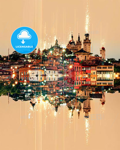 Bauru City Skyline Modern Architecture Art Poster - A city with buildings and lights reflected in water