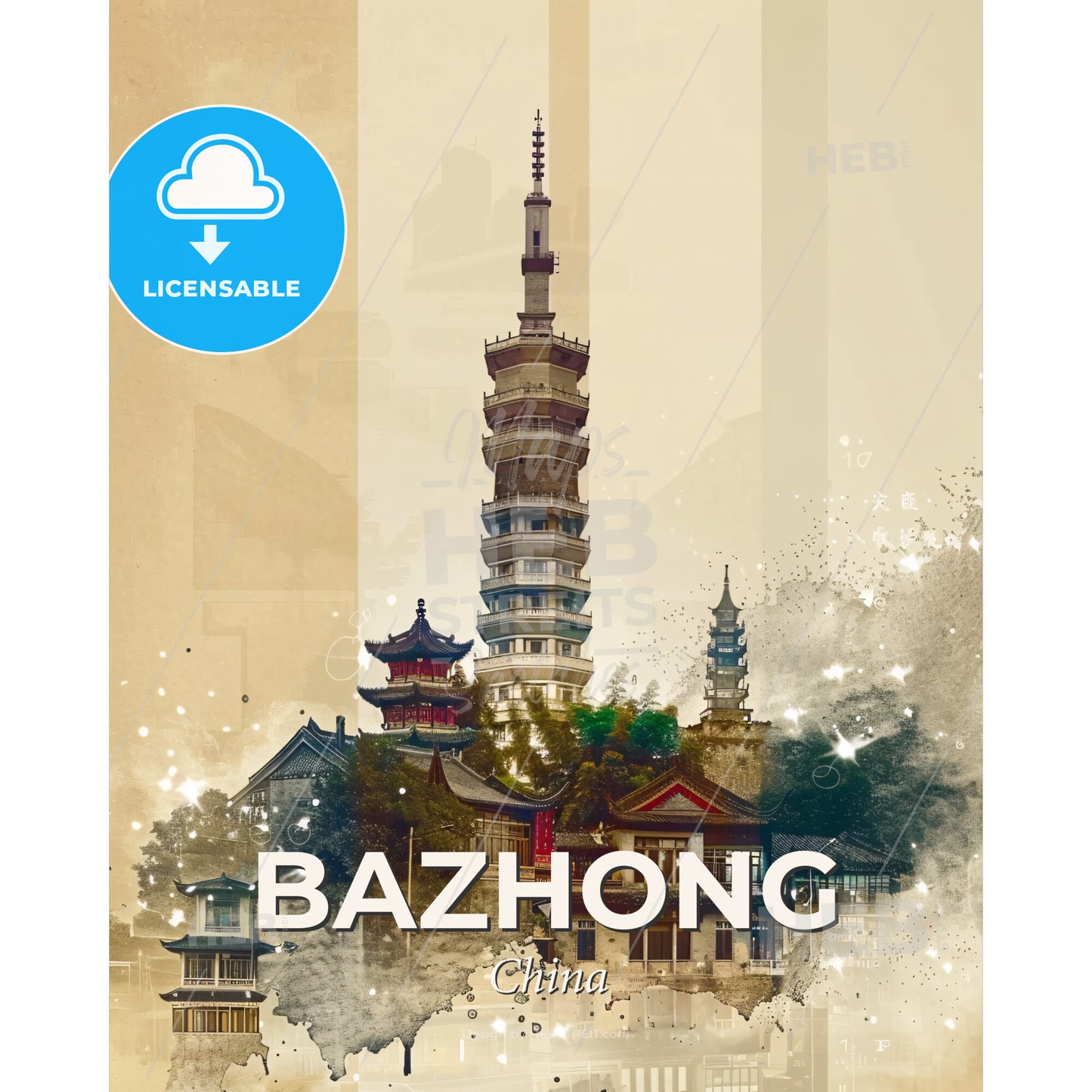 Bazhong: Cityscape Art with Local Soul - A building with a tall tower - Square format print template